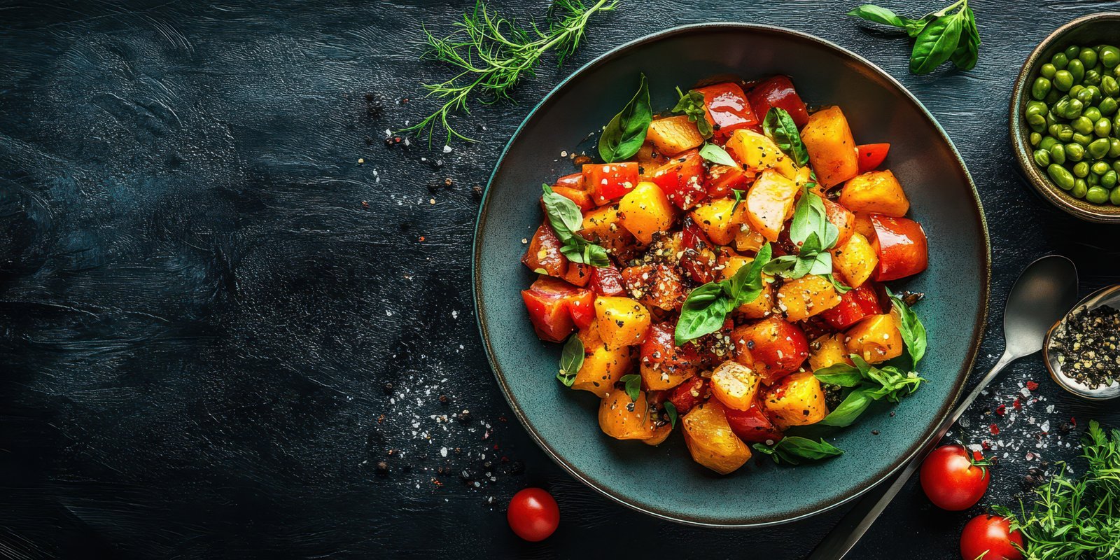 Colorful vegetable medley with fresh herbs served on a dark wooden table during dinner time
